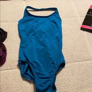 Blue halter open back leotard